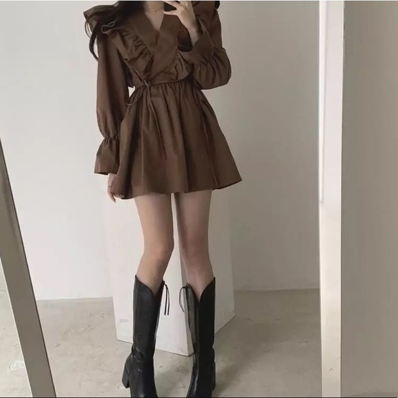 Ruffle dress butterfly mocha brown v-neck womens flare dresses - Picture 3 of 6